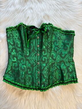Green and Black Burlesque Floral Jacquard Corset Top